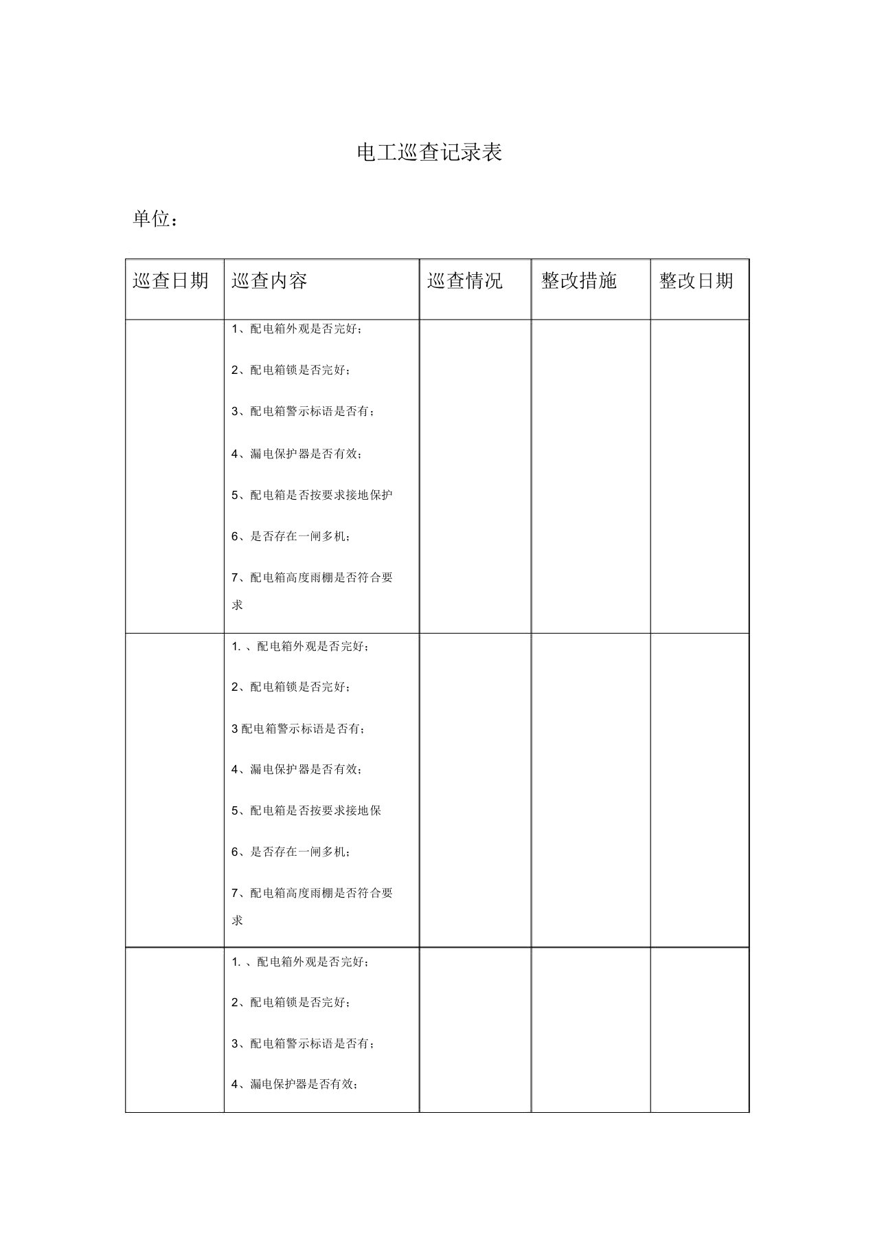 配电箱日常巡查记录表