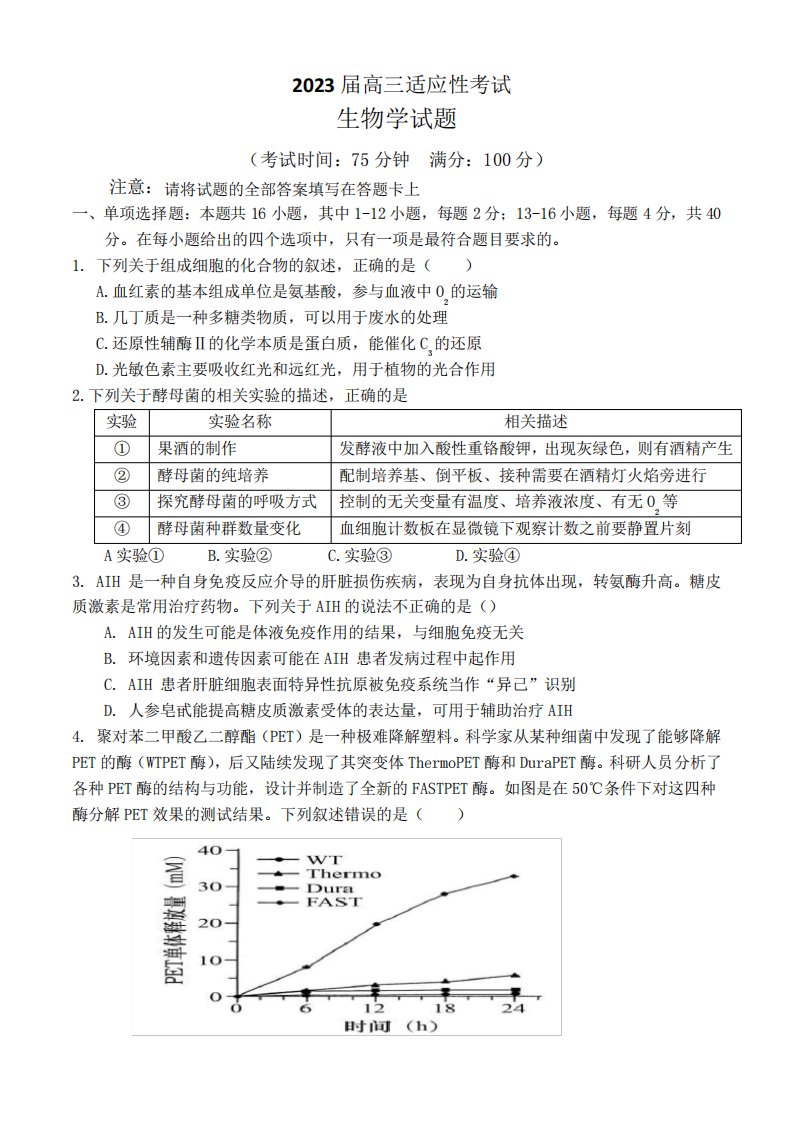 2023届福建省高三适应性考试生物试题及答案