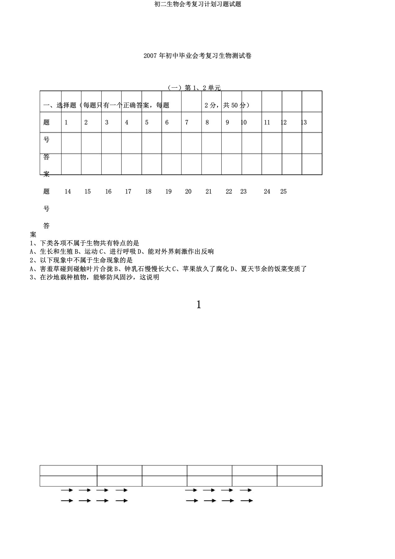 初二生物会考复习计划习题试题