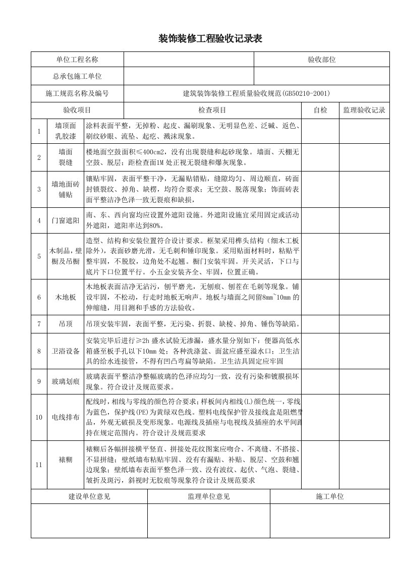 装饰装修工程验收记录表