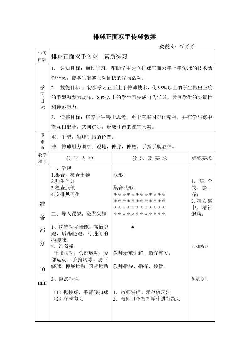 排球正面双手传球教案