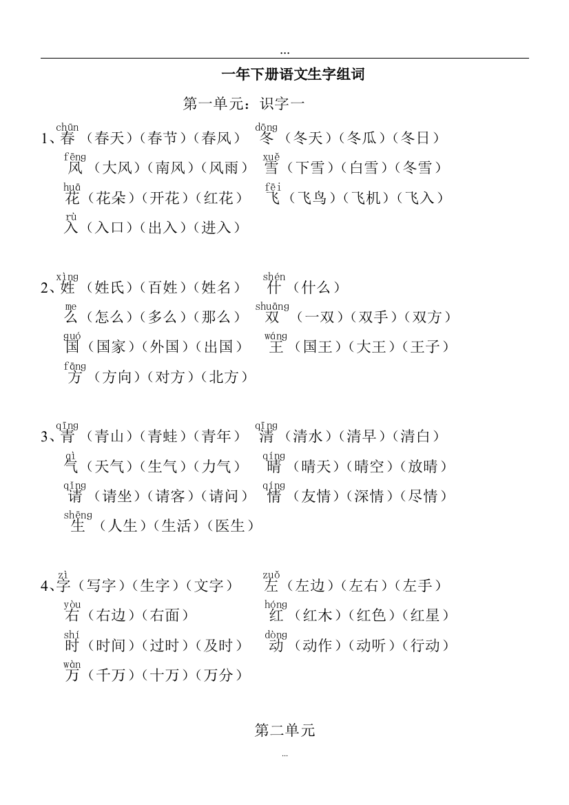 (完整word版)部编版一年级下册语文生字组词