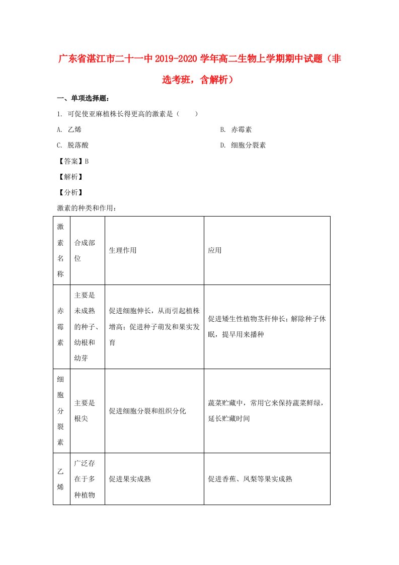 广东省湛江市二十一中2019_2020学年高二生物上学期期中试题非鸭班含解析