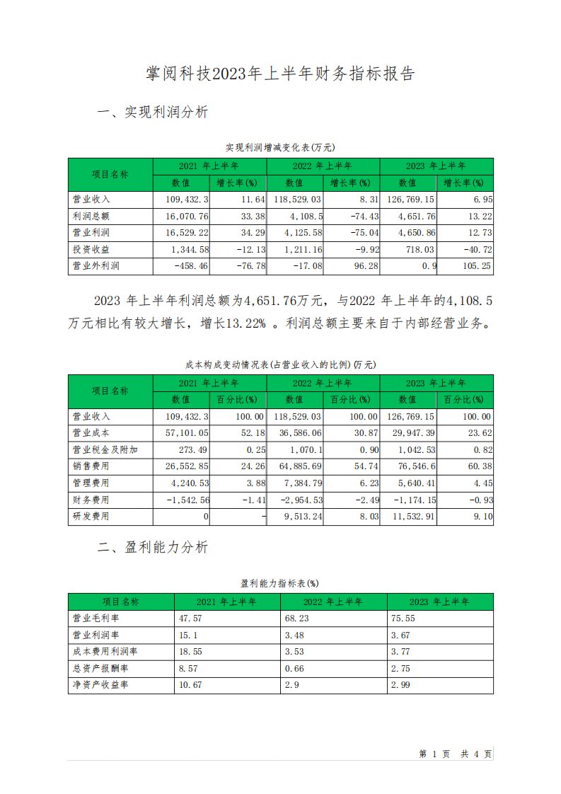 603533掌阅科技2023年上半年财务指标报告