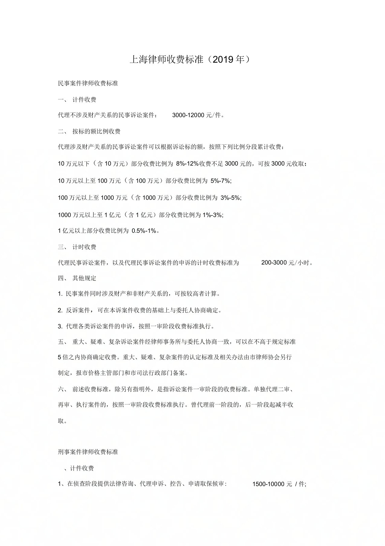 上海律师收费标准(2019年)