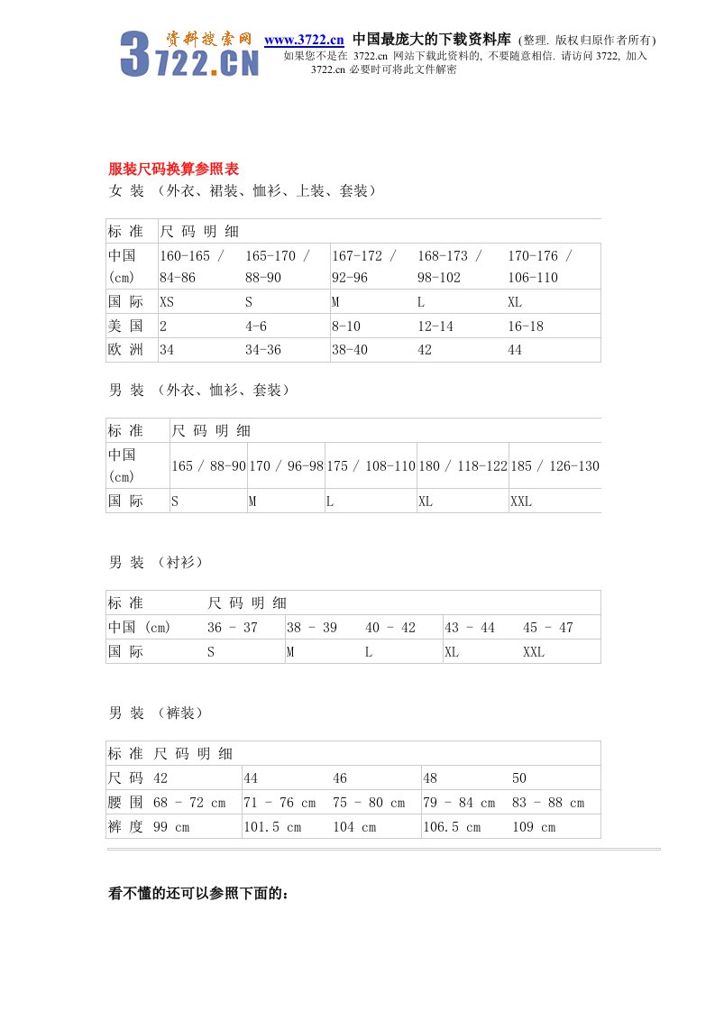 【管理精品】服装尺码换算参照表(DOC8)