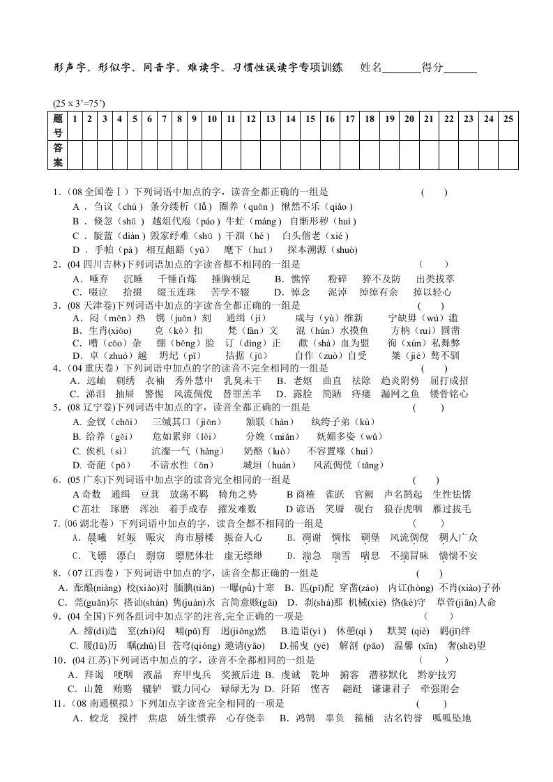 形声字、形似字、同音字、难读字、习惯性误读字专项训练