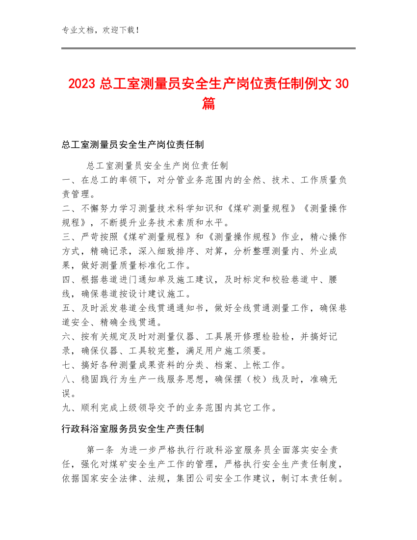 2023总工室测量员安全生产岗位责任制例文30篇