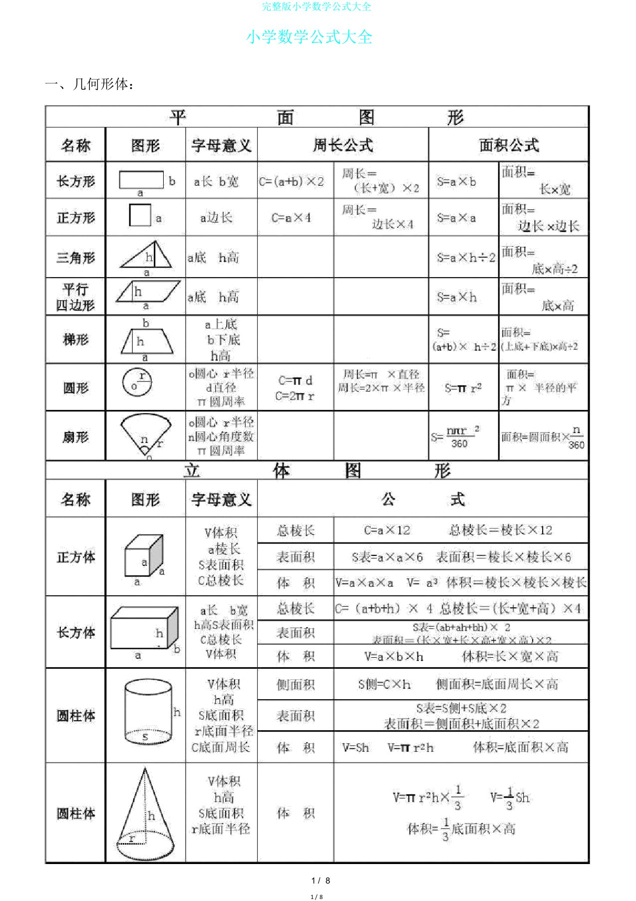 完整版小学数学公式大全