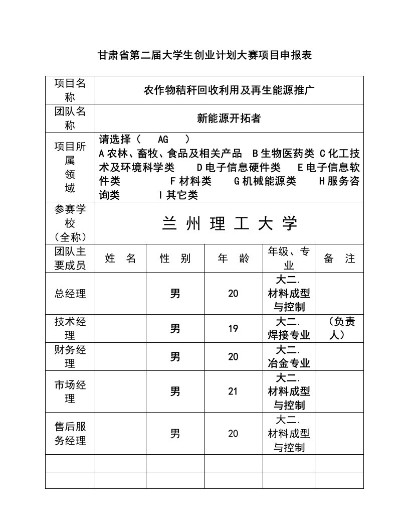 大学生创业大赛农作物秸秆回收利用及再生能源推广项目申报表