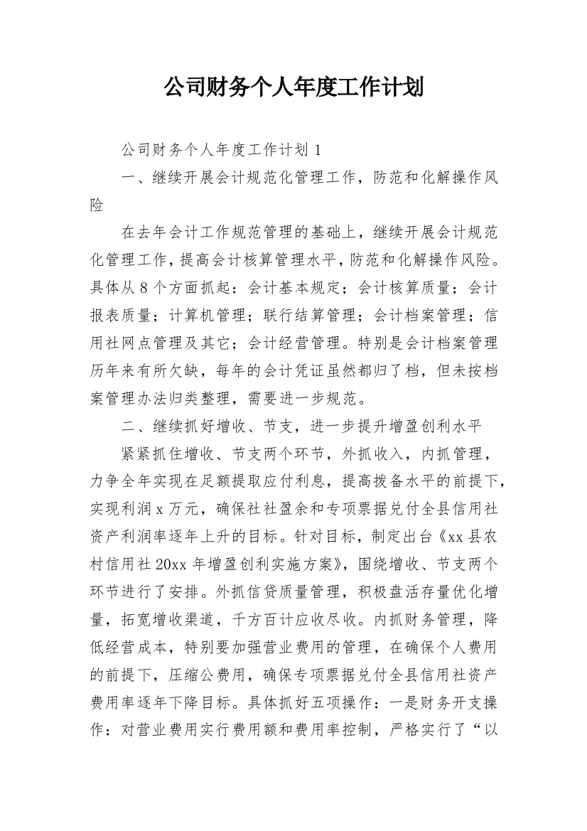 公司财务个人年度工作计划