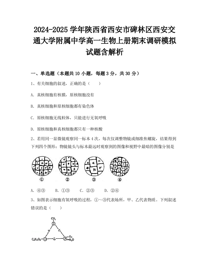 2024-2025学年陕西省西安市碑林区西安交通大学附属中学高一生物上册期末调研模拟试题含解析