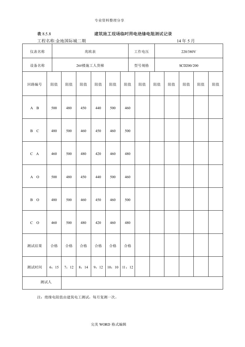 施工现场临时用电绝缘电阻测试记录文本