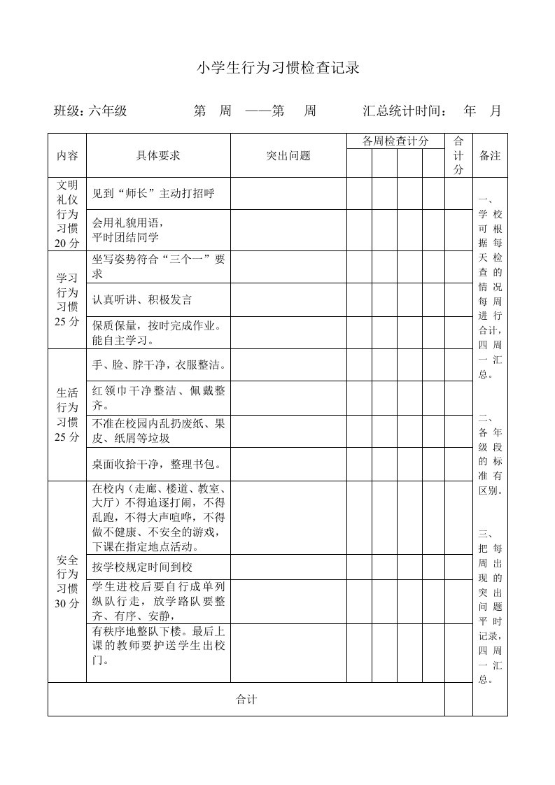 小学生行为习惯检查记录