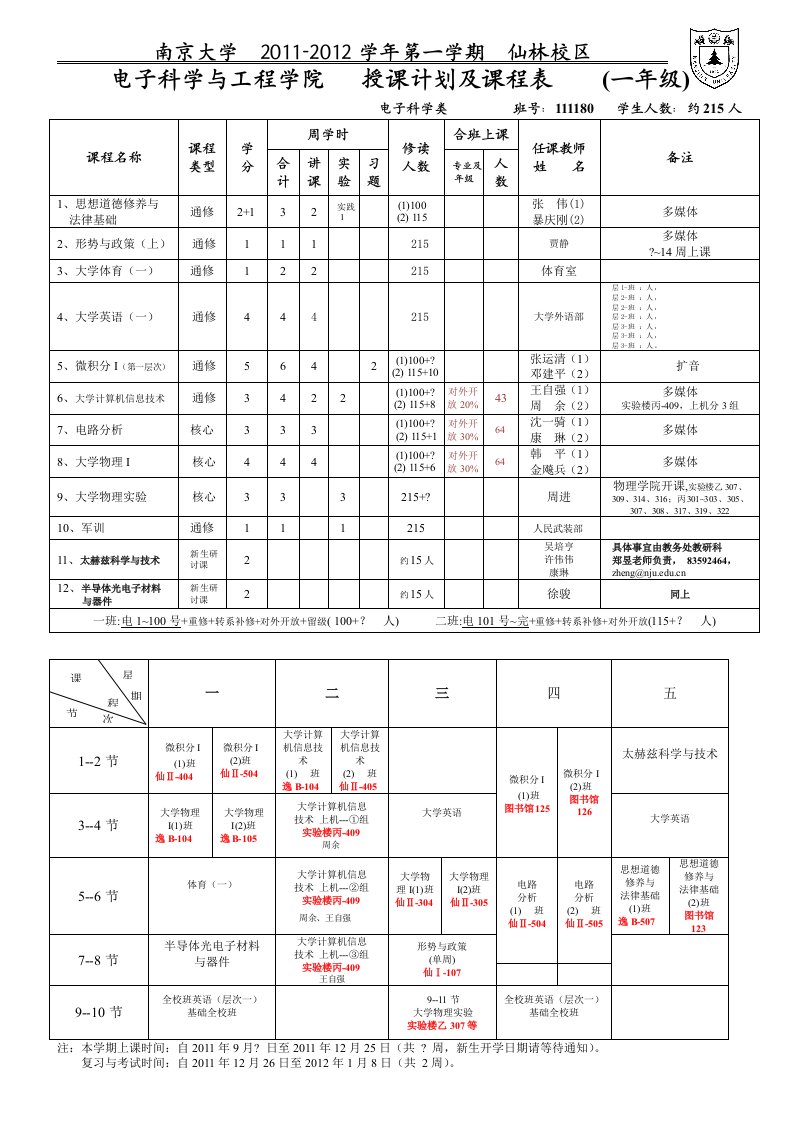 科技创新电子科学与工程学院授课计划及课程表（一年级）