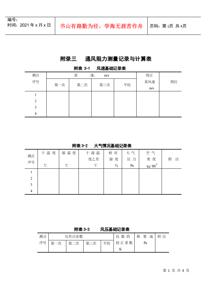 【采矿课件】附录三通风阻力测量记录与计算表