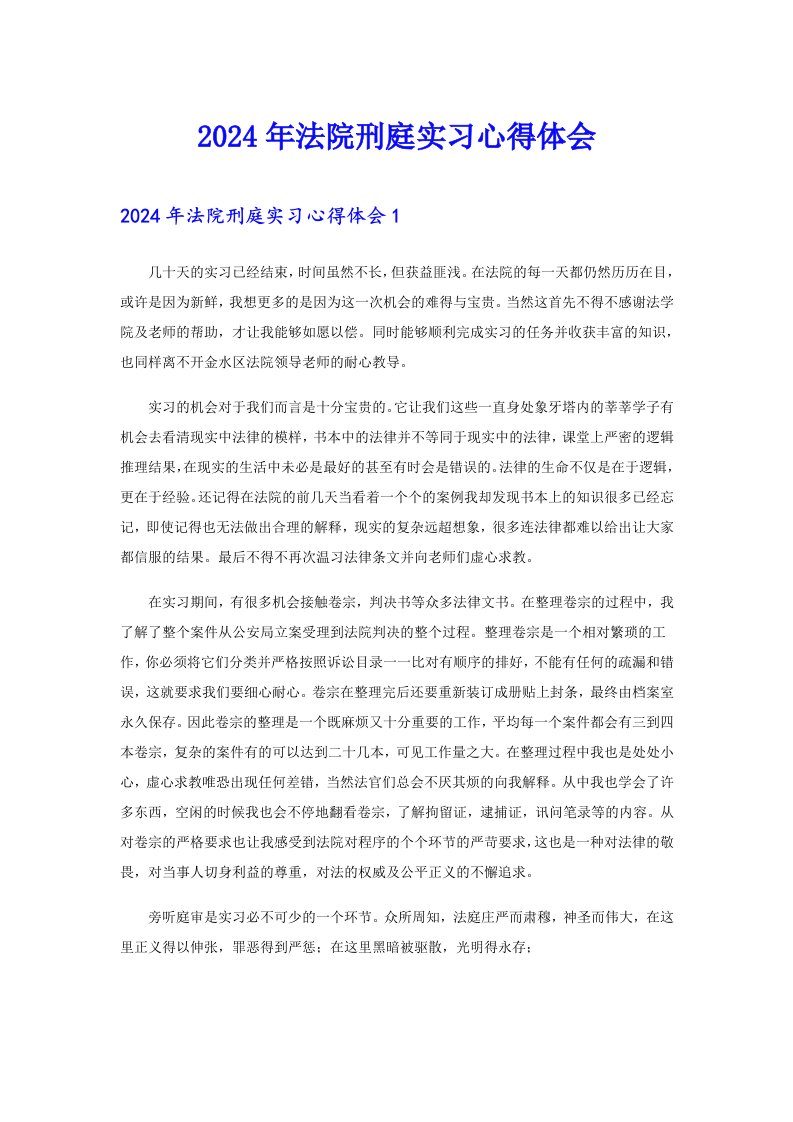 2024年法院刑庭实习心得体会