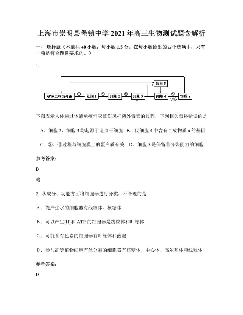 上海市崇明县堡镇中学2021年高三生物测试题含解析