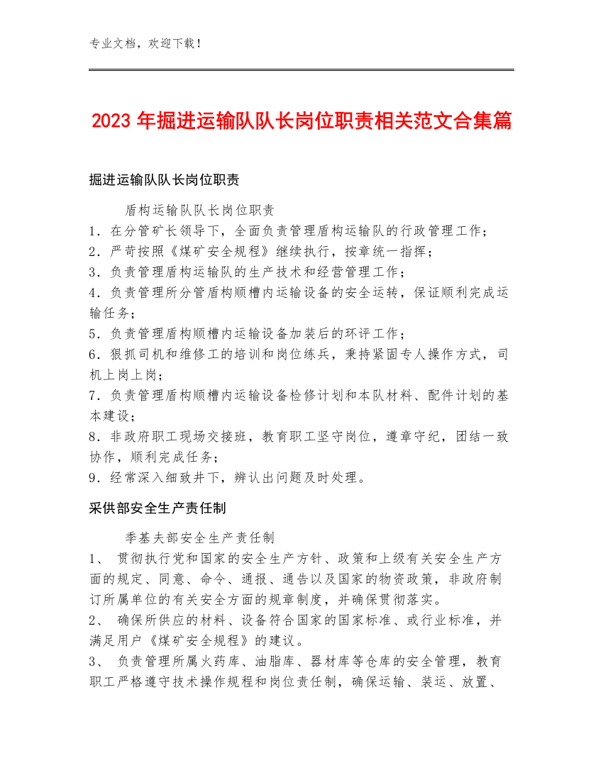 2023年掘进运输队队长岗位职责范文合集篇