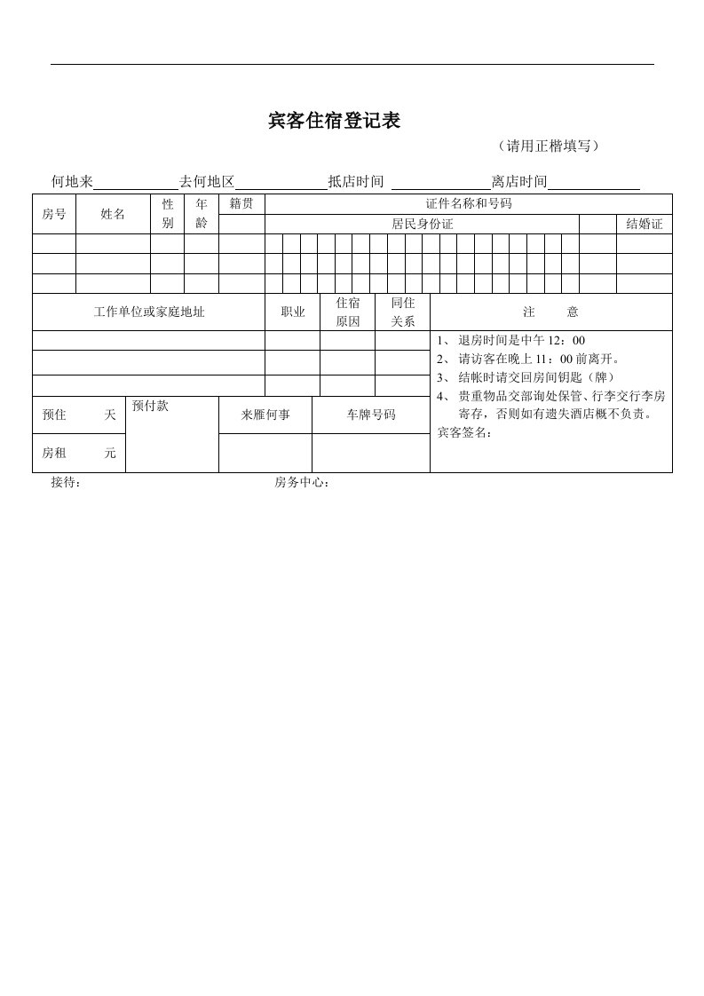 【管理精品】宾客住宿登记表