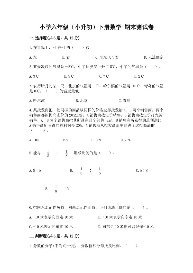 小学六年级（小升初）下册数学