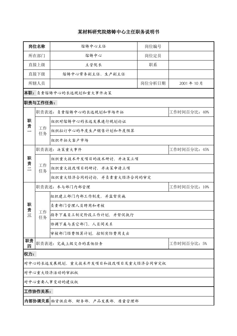 熔铸中心主任职务说明书