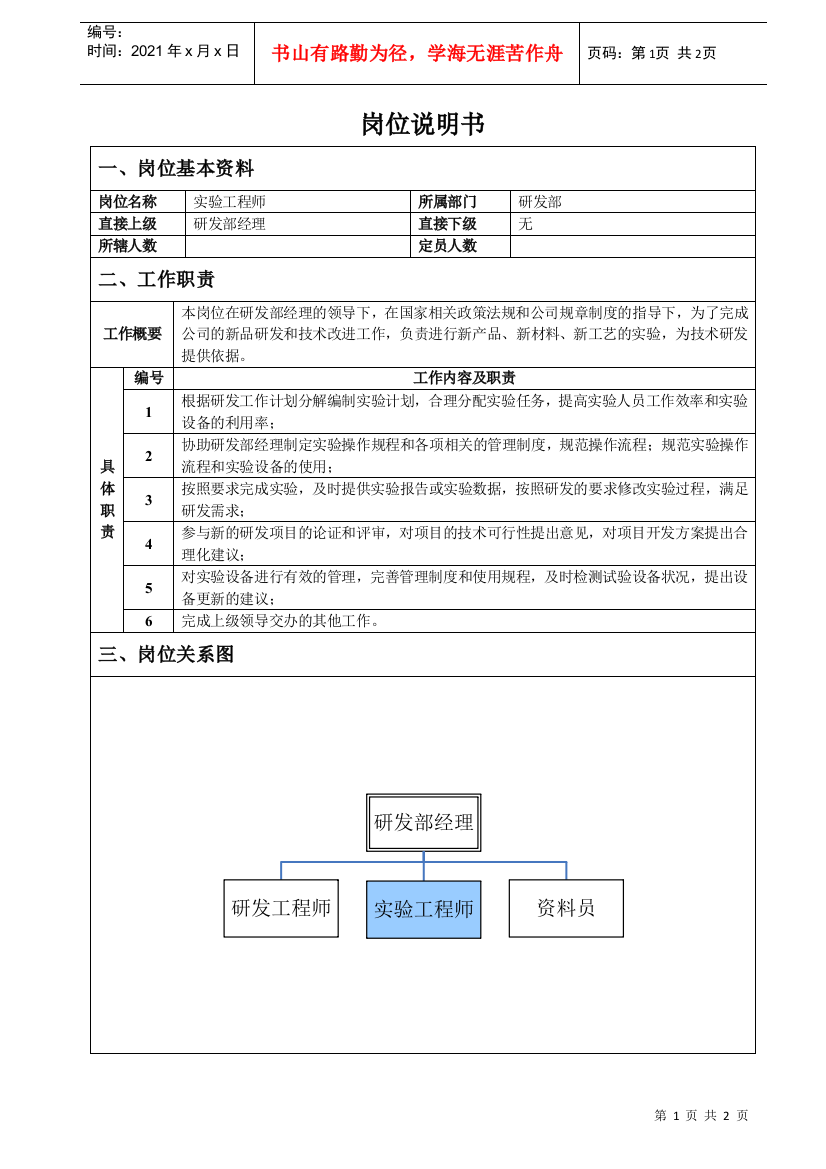 实验工程师岗位说明书