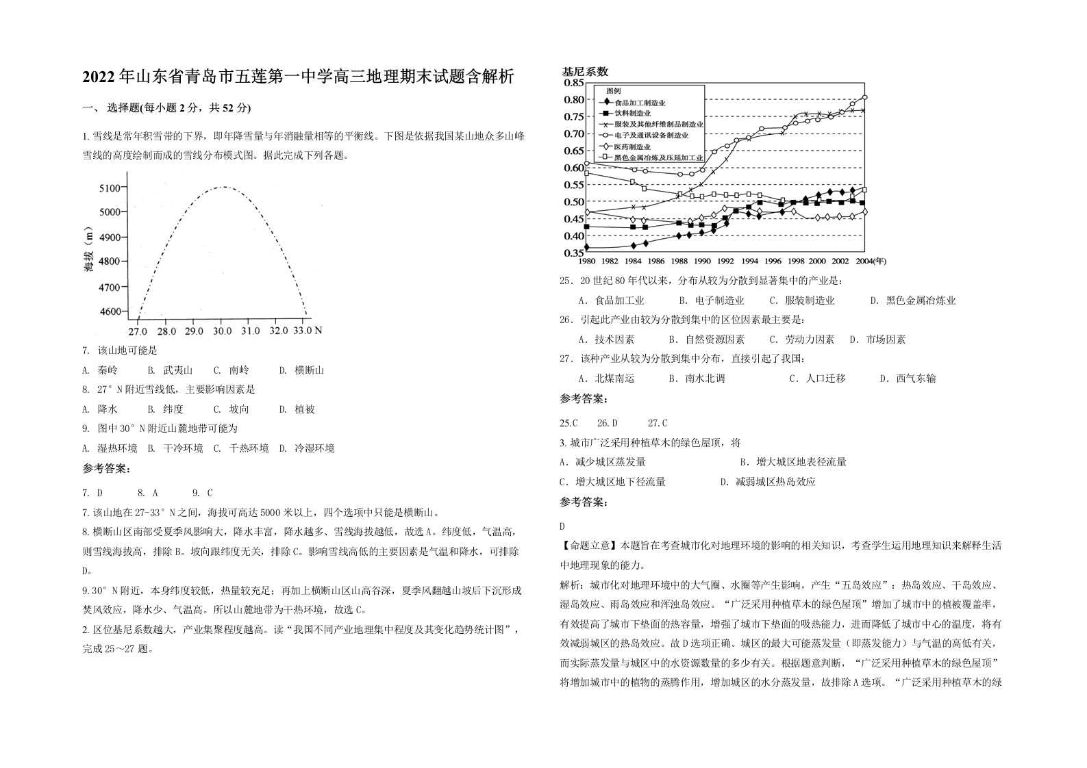 2022年山东省青岛市五莲第一中学高三地理期末试题含解析