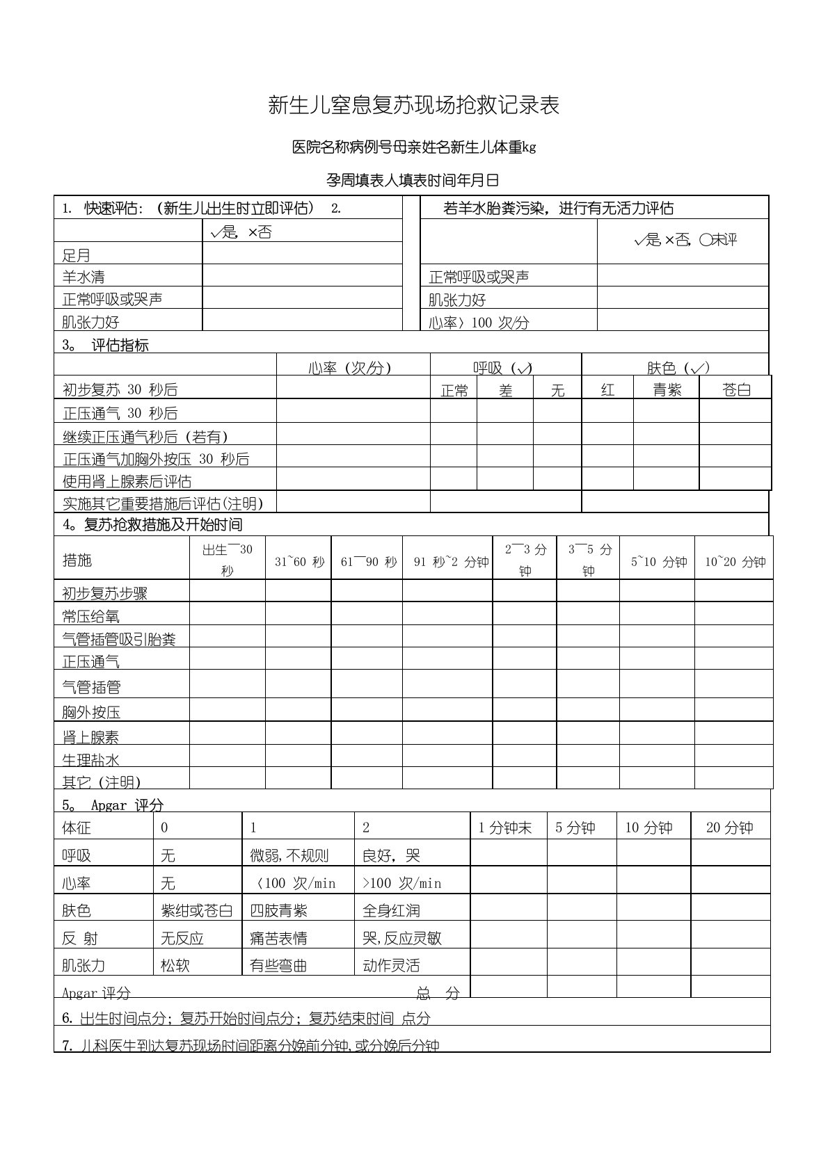 新生儿窒息复苏现场抢救记录表