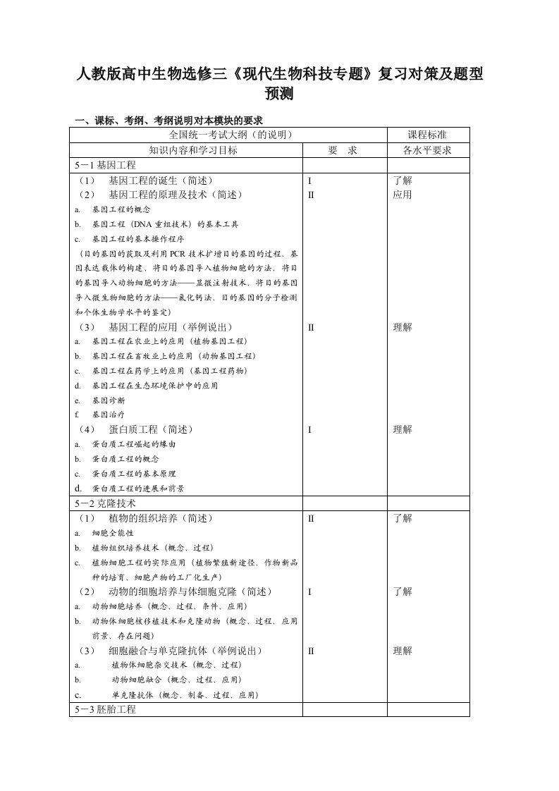 人教版高中生物选修三现代生物科技专题复习对策及题型预测