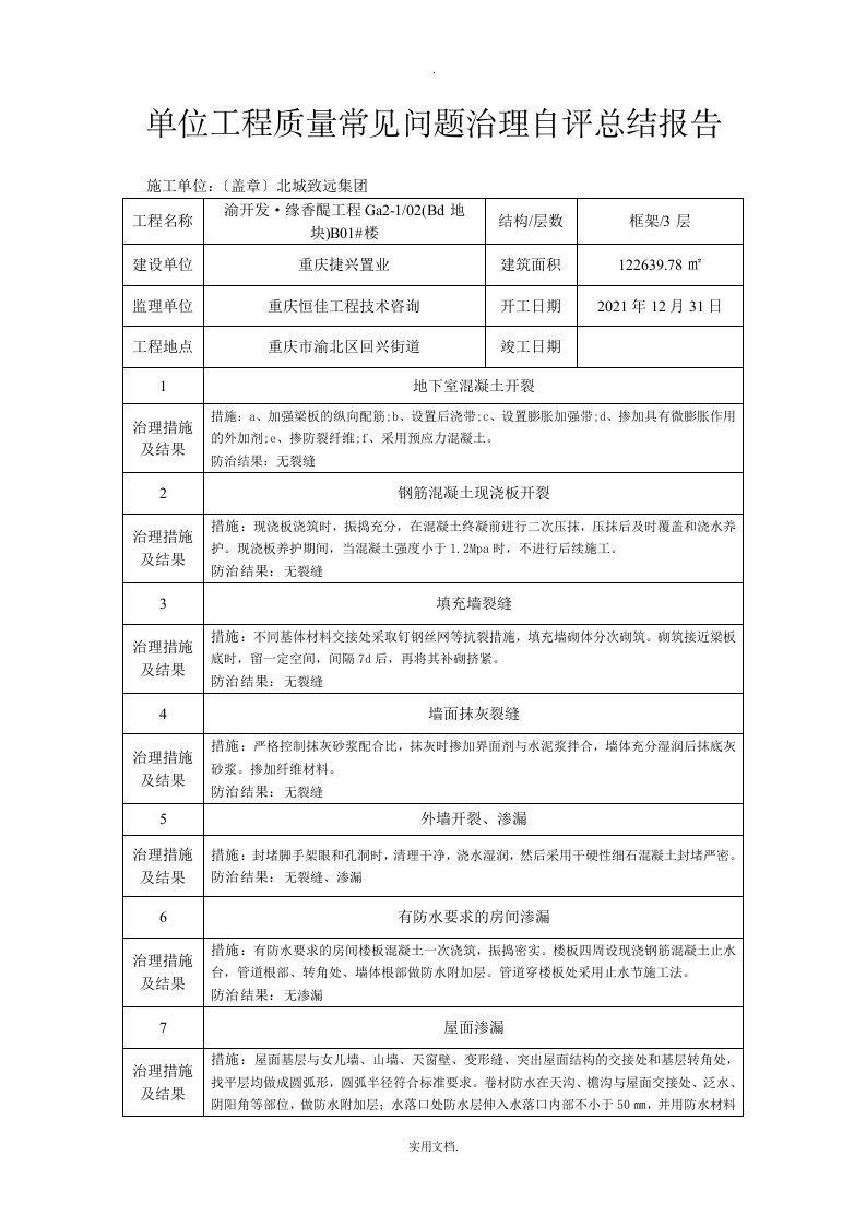 单位工程质量常见问题治理自评总结报告