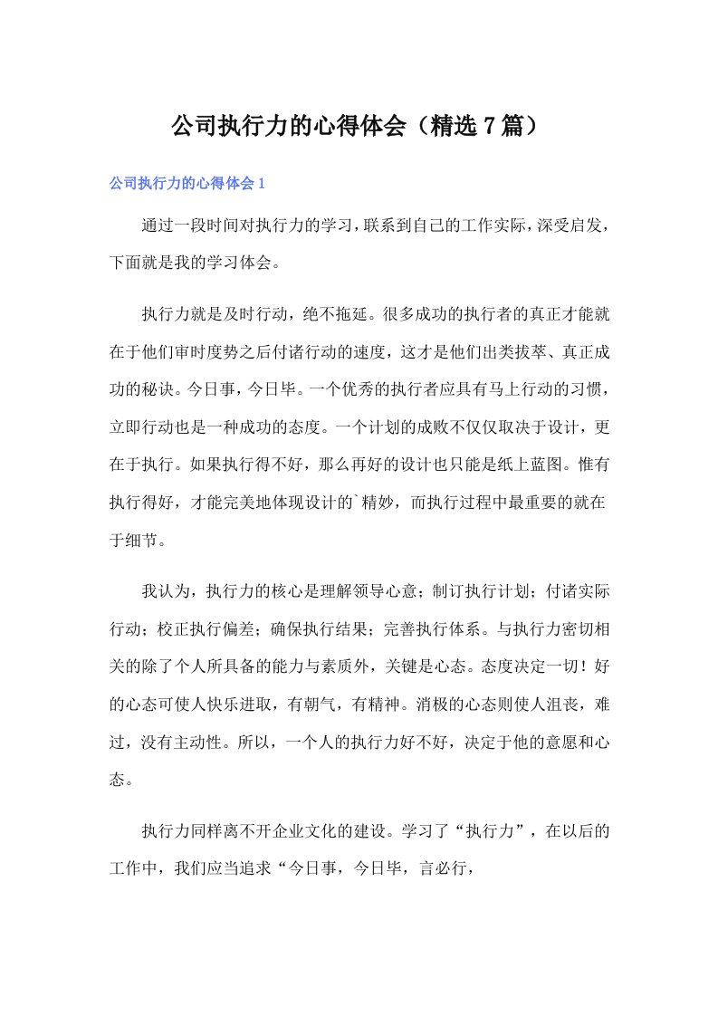 公司执行力的心得体会（精选7篇）