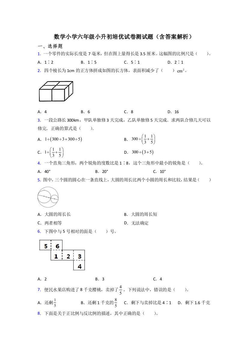 数学小学六年级小升初培优试卷测试题(含答案解析)