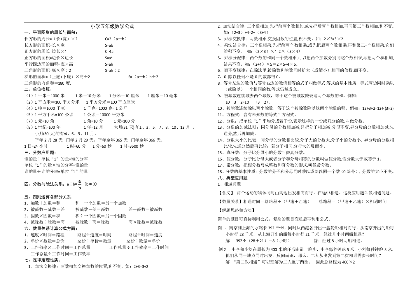 小学数学公式五年级用总结