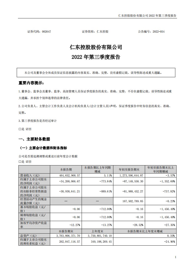 深交所-仁东控股：2022年三季度报告-20221029