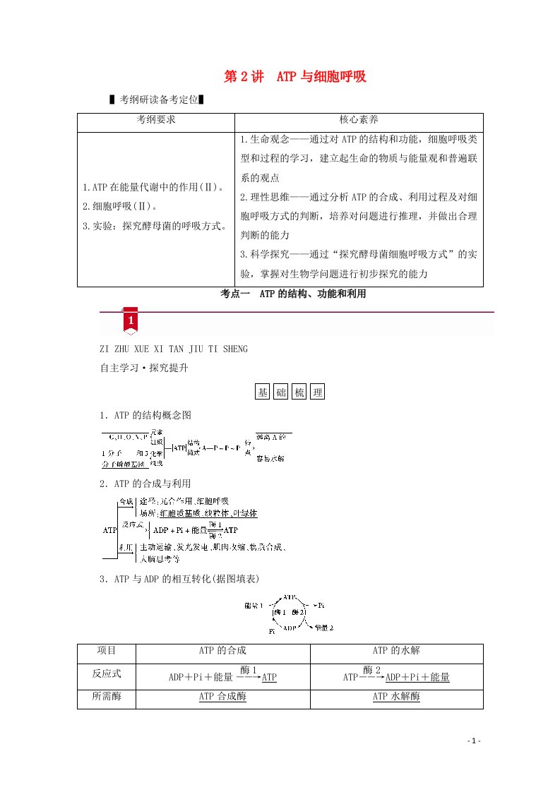 新高考2021高考生物一轮复习必修部分模块1分子与细胞第3单元细胞的能量供应和利用第2讲ATP与细胞呼吸学案新人教版