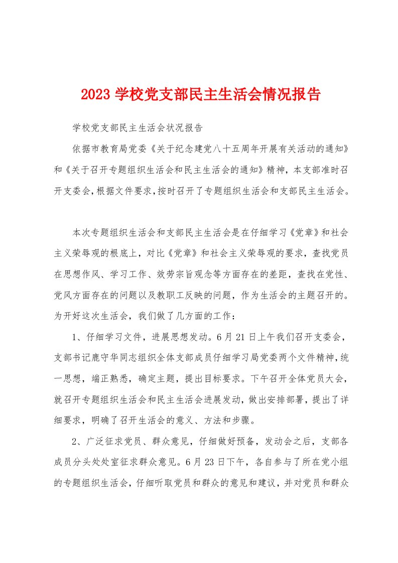 2023年学校党支部民主生活会情况报告