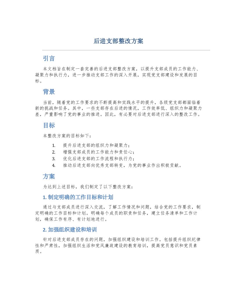 后进支部整改方案