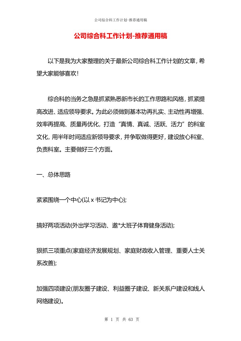 公司综合科工作计划