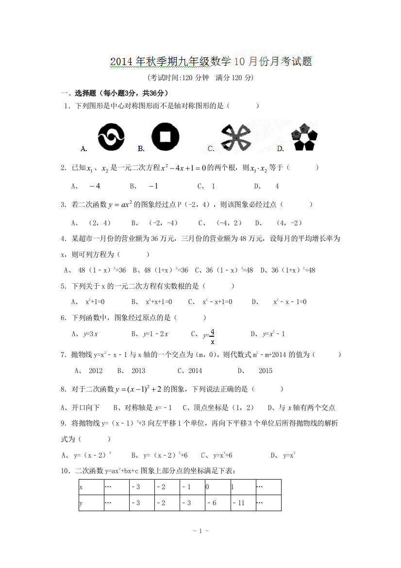 【小学中学教育精选】平南县六陈高级中学2015届九年级10月月考数学试题