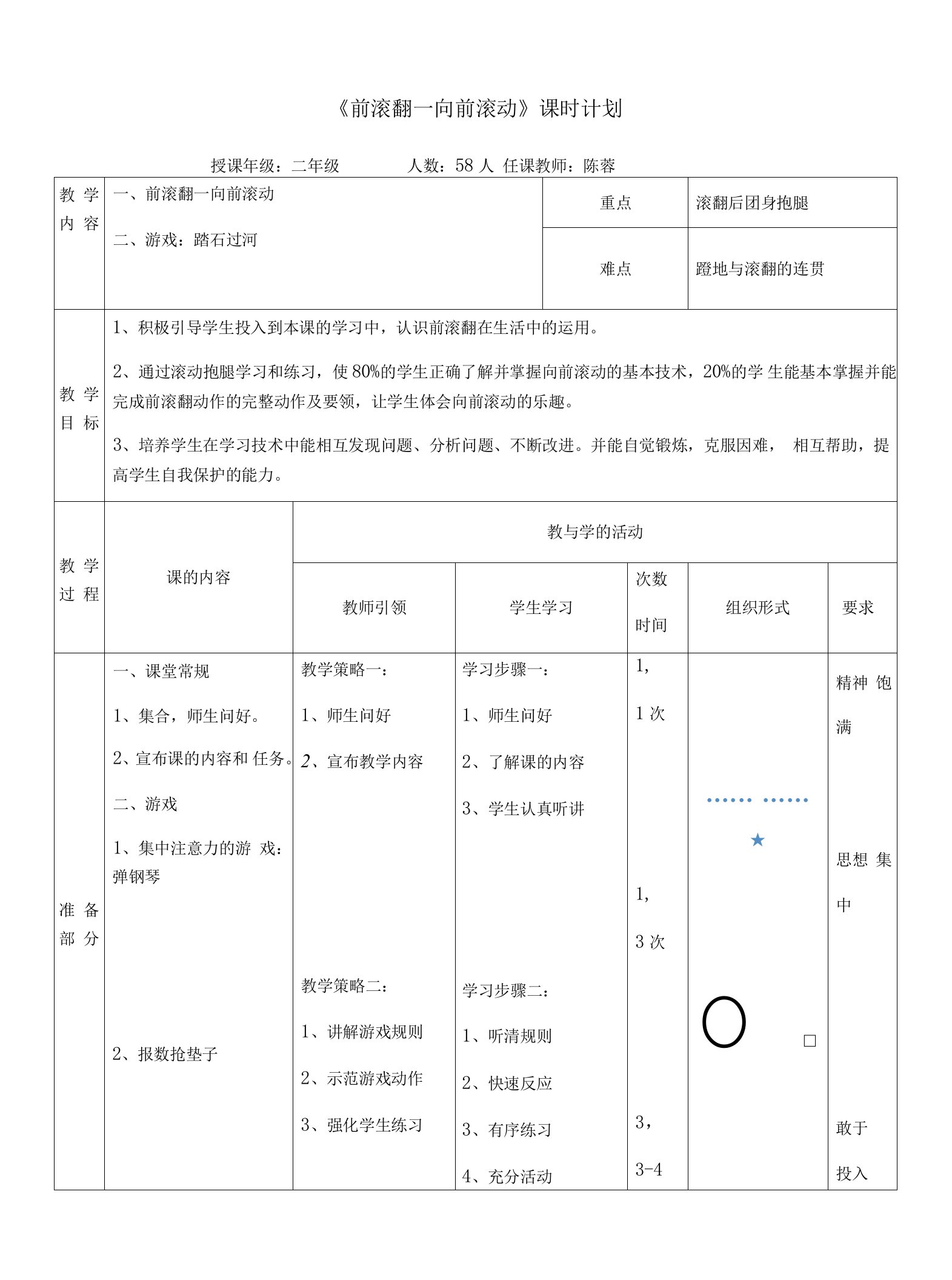 小学体育与健康人教二年级全一册第三部分体育运动技能《前滚翻—向前滚动》教案陈蓉