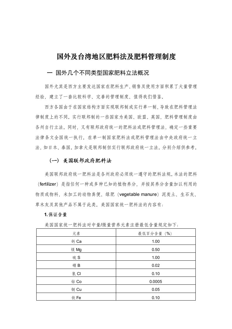 国外及台湾地区肥料法及肥料管理制度