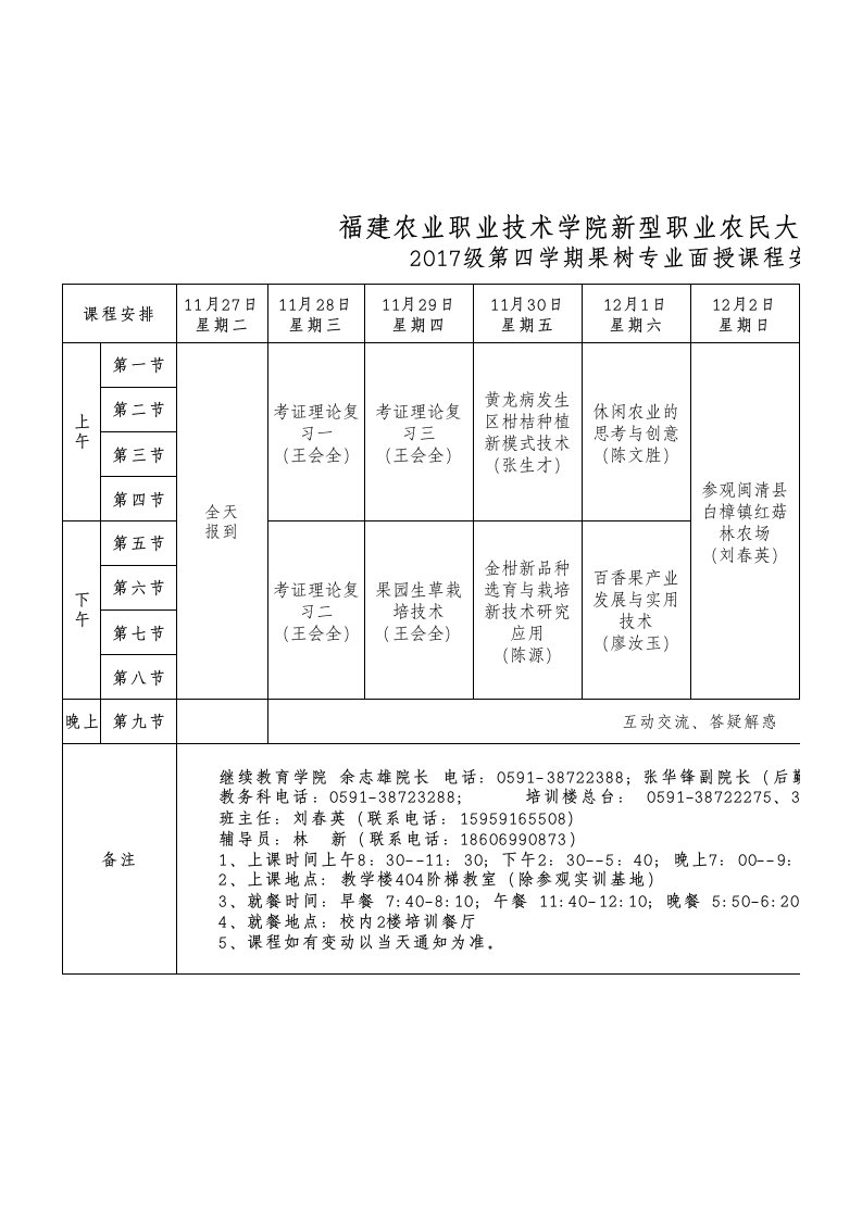 2017级果树第四学期课程表