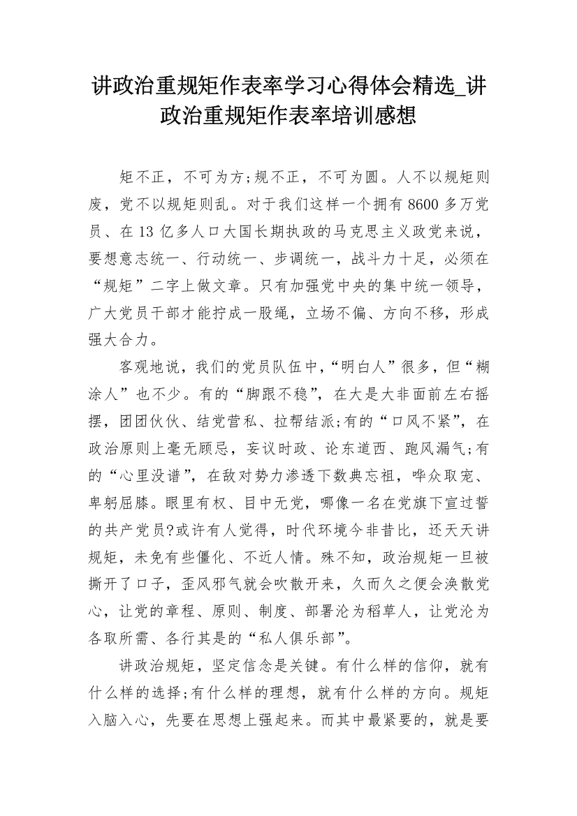 讲政治重规矩作表率学习心得体会精选_讲政治重规矩作表率培训感想_1