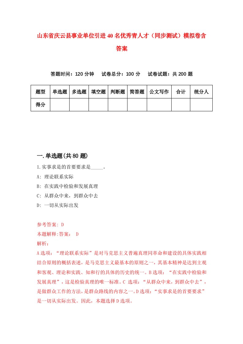 山东省庆云县事业单位引进40名优秀青人才同步测试模拟卷含答案1