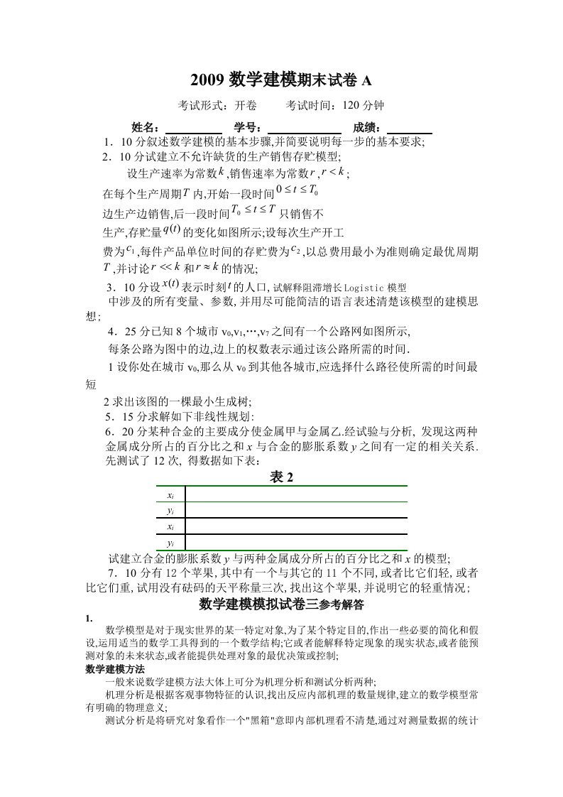 数学建模期末试卷A及答案