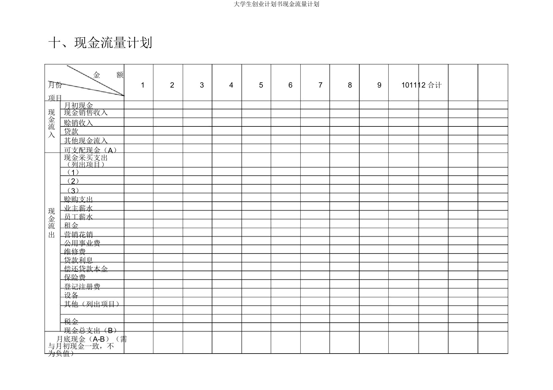 大学生创业计划书现金流量计划