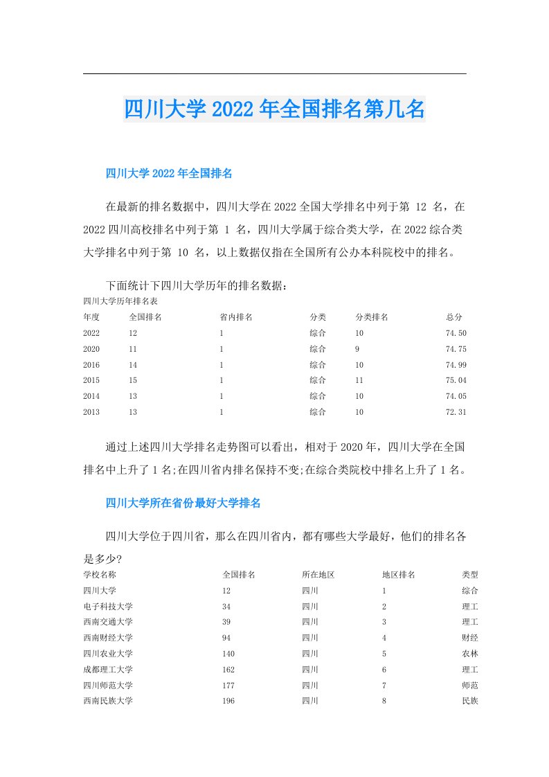 四川大学全国排名第几名