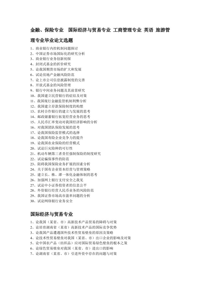 金融、保险专业国际经济与贸易专业工商管理专业英语