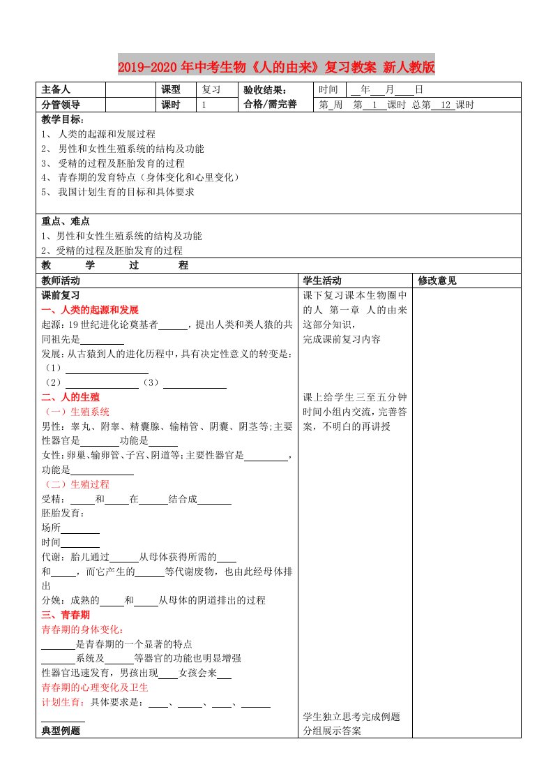 2019-2020年中考生物《人的由来》复习教案